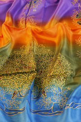 Seidentuch handbemalt | Seidenschal | Damen | Blau-Grün-Orange-Lila-Gelb | Elegant & Luxuriös | 100% Seide | 1600x500 | Einzigartiges Designerschal